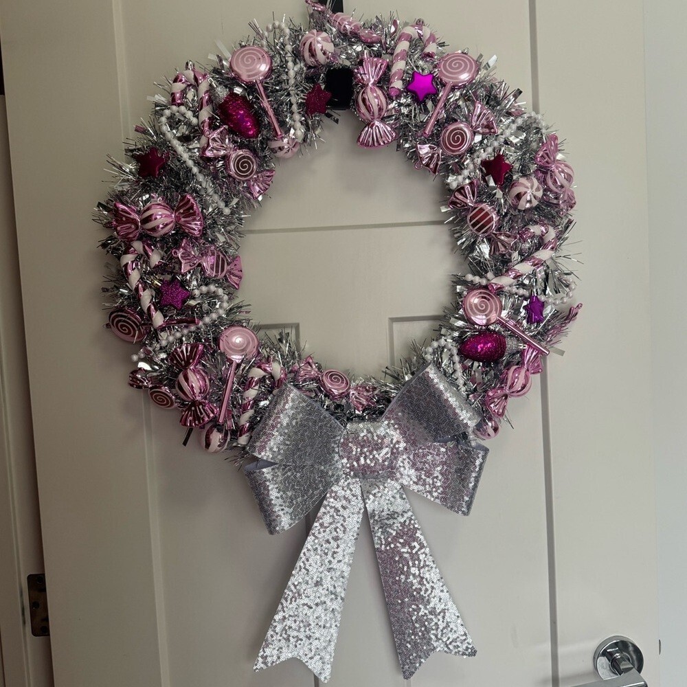 Wreath Christmas candy theme Silver and Pink Holiday Wreath ribbon bow
